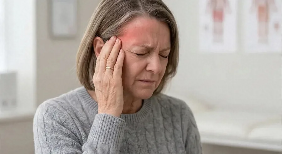 Woman over 50 holding her temple with a new headache